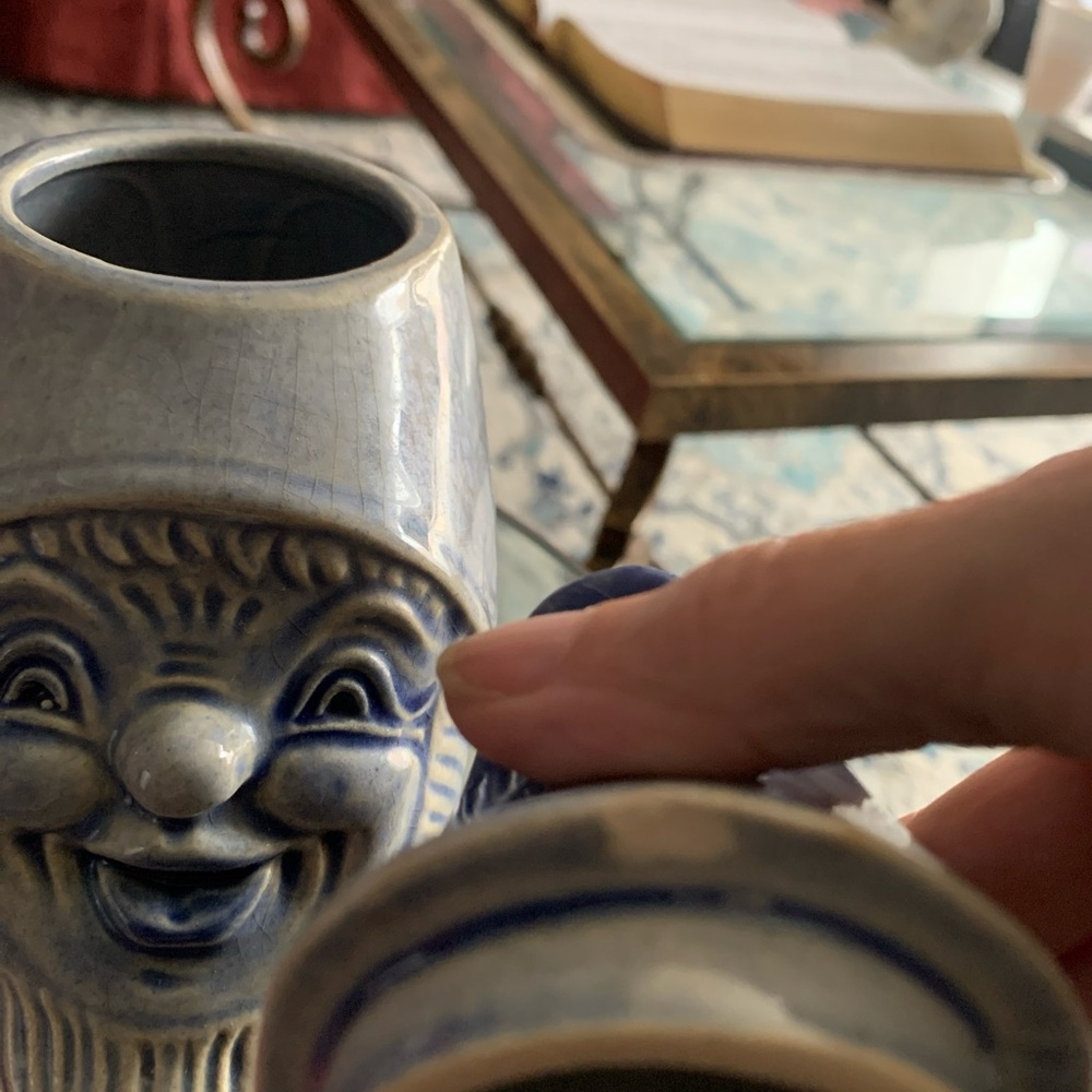 West Germany Blue Gnome Head Smiling Happy Figurine With Lid Kitchen Sugar Candy - Picture 9 of 12